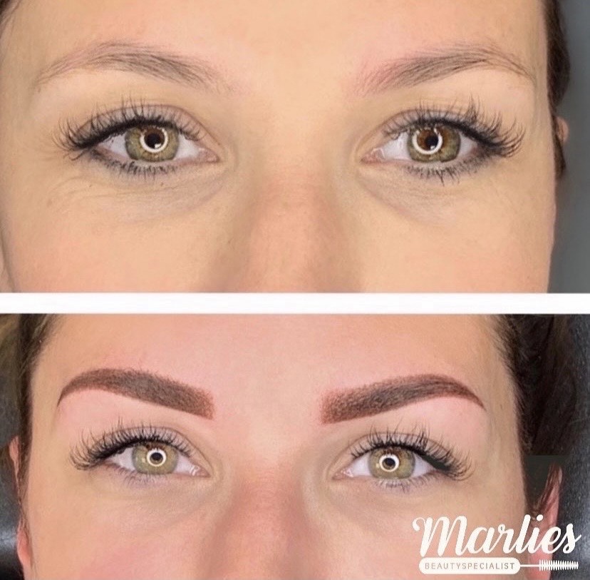 Afbeelding van een voor- en nafoto van Permanente Make-up wenkbrauwen gezet door Marliesbeautyspecialist in Doetinchem